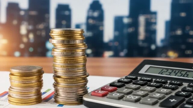 Two stacks of bimetallic coins one tall sit on financial document with charts beside calculator displaying numbers against blurred city skyline with sunbeam