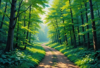 Vibrant Green Forest Path  Impressionism Inspired Nature Scene