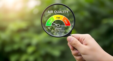 Air quality index aqi monitoring with magnifying glass for environmental health checkup