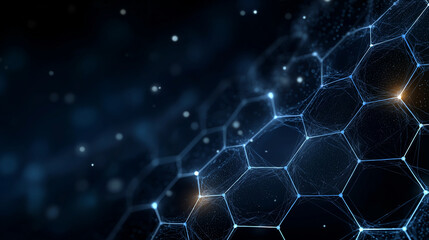 Cyber Hexagon Grid: A dynamic and immersive abstract digital artwork showcasing a network of interconnected hexagons, lit by glowing blue and golden particles in a space-themed setting.
