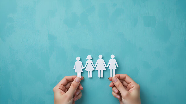 Hands holding paper cutouts of a family, symbolizing unity and care, against a textured teal background.