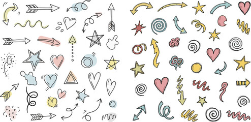 Playful Hand-drawn Doodle Pattern with Pastel Arrows, Stars, Hearts, and Abstract Shapes