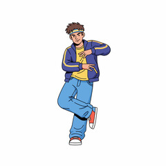 2D flat vector illustration of teenage character a gilpy teenage boy in retro streetwear, headband and loose jeans, starting a top rock dance move with crossed step and dynamic hand gestures