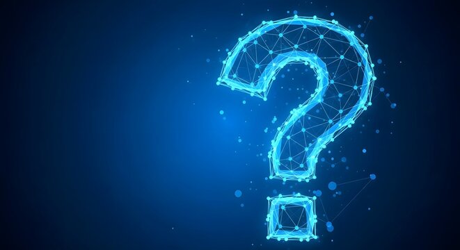 Digital question mark concept with blue glowing lines and dots on dark blue background