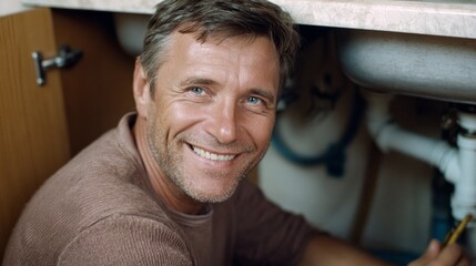 Male plumber repairing water pipe under kitchen sink during bright afternoon