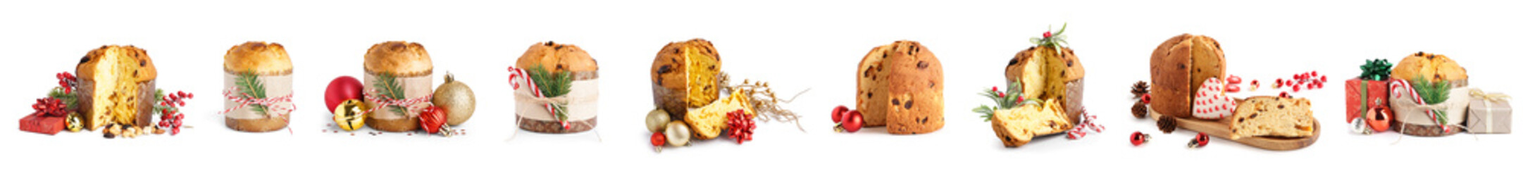 Set of tasty Panettone cakes with Christmas decorations on white background