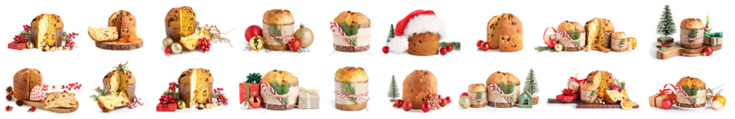 Set of tasty Panettone with Christmas decorations on white background