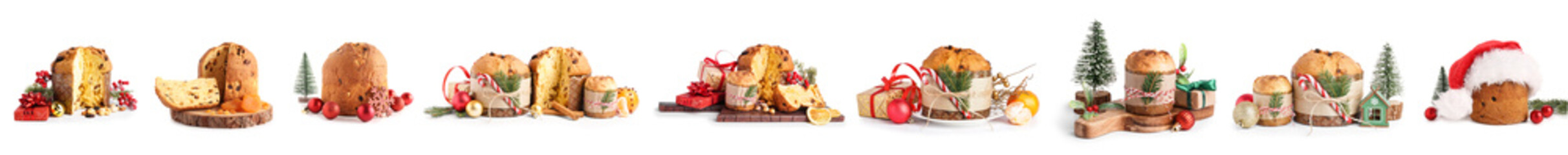 Set of tasty Panettone cakes with Christmas decorations on white background