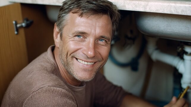 Male plumber repairing water pipe under kitchen sink during bright afternoon - Powered by Adobe