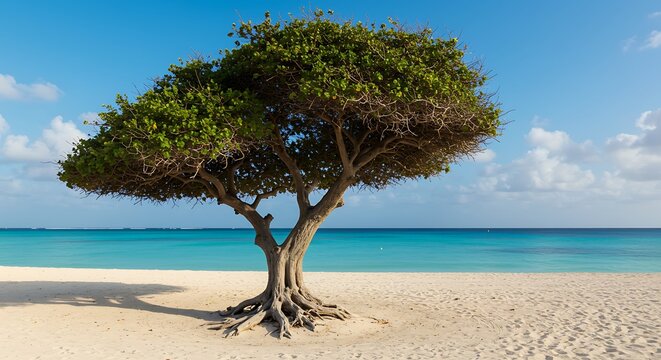 Scenic view of a divi divi tree on a sandy beach with turquoise water