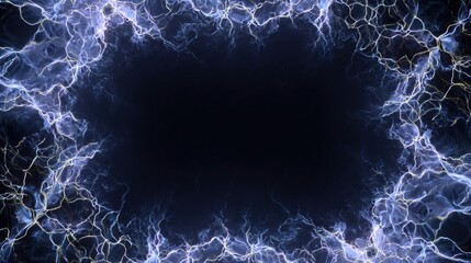 A dark, ominous frame of electrified, swirling energy surrounds a void, glowing blue.