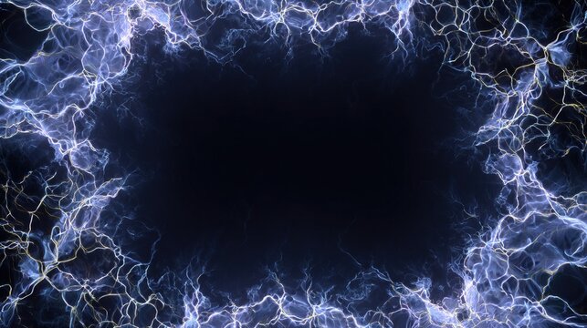 A dark, ominous frame of electrified, swirling energy surrounds a void, glowing blue.