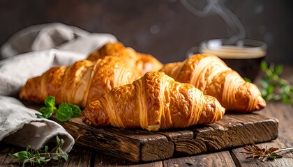 Freshly Baked Golden Croissants on a Rustic Breakfast Tabl