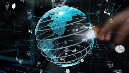 A stunning digital representation of a globe surrounded by data visualizations and graphs, symbolizing global connectivity and advanced technology in a cyber setting. Xenic