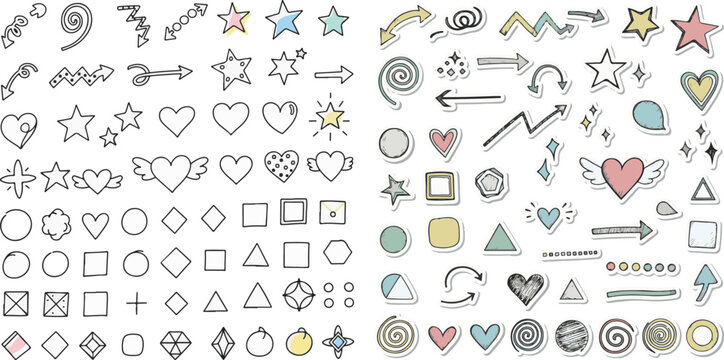 Hand-Drawn Doodle Arrows, Hearts, and Geometric Shapes in Outline and Sticker Styles