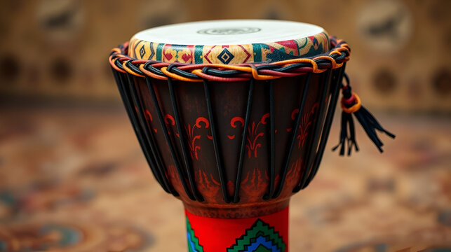 Exuberant djembe with vivid colors exudes rhythmic vitality, echoing Kwanzaa celebrations and invoking ancient griot storytelling traditions - Powered by Adobe