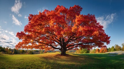 Vibrant Autumn Maple Tree with Fiery Red Foliage Against a Bright Blue Sky, Bathed in Golden Light.