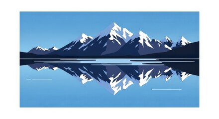 Fototapeta premium A majestic mountain range with snow-capped peaks is reflected in the calm waters of a serene lake under a clear blue sky.