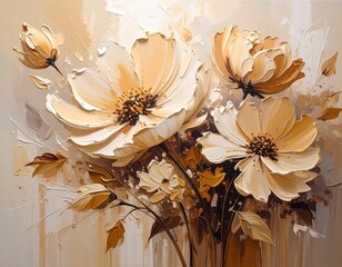 Impasto floral artwork depicting a bouquet of cream-colored flowers with brown details