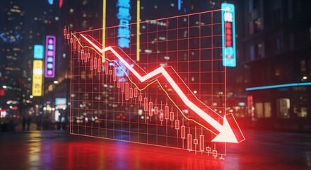 Holographic Red Arrow Chart Signals Financial Crisis on a Rainy Neon City Street.
