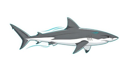 Obraz premium A dynamic illustration of a grey and white shark swimming swiftly through the water with blue motion lines.