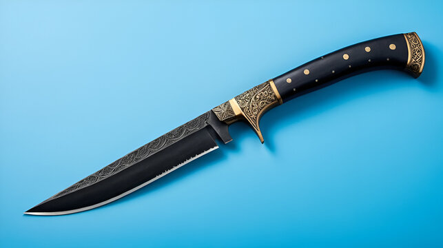 Ancient curved kukri knife on a blue background