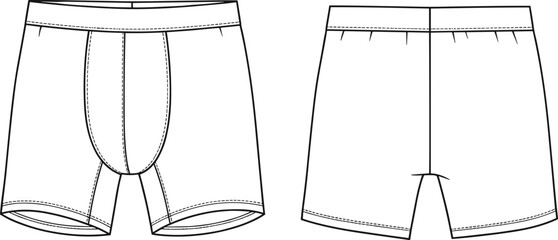Men underwear illustration, boxer shorts vector, fashion flat sketch, clothing design outline, garment template, male undergarment drawing