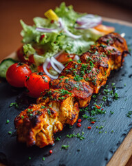 Grilled Chicken Kebab with Fresh Salad on Slate Serving Board