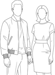 Minimalist Line Art Illustration of a Man and Woman Holding Hands, Fashionable Casual Outfits, Simple Black and White Vector Design for Modern Lifestyle Content