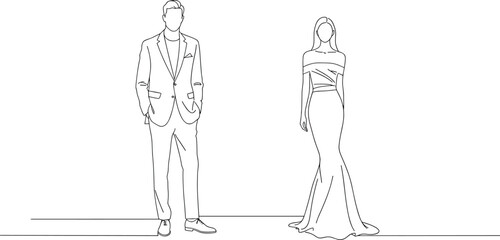 Minimalist Line Drawing of Man in Suit and Woman in Gown for Formal Fashion, Event Styling, and Vector Design Projects