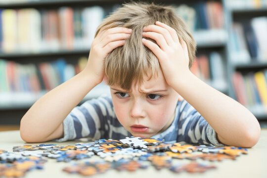 Frustrated Child Struggling with Puzzle Pieces in Library
