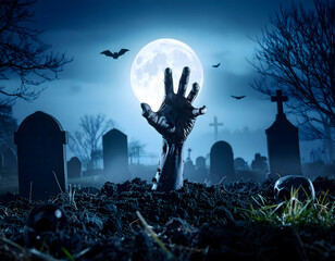 A zombie hand reaches up from a grave under a bright full moon in a misty, dark graveyard filled with tombstones, crosses, and twisted bare trees, creating a Halloween horror and monster atmosphere.