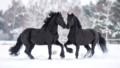 Two black horses in a snowy landscape