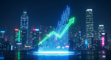 Neon Green Arrow Graph Soars Above Futuristic Cityscape at Night, Symbolizing Financial Growth.