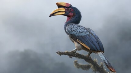 Obraz premium Majestic hornbill perched on a branch amidst misty forest landscape showcasing vivid colors and intricate feather patterns