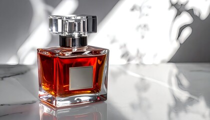 Elegant Perfume Bottle on a Sunlit Marble Surface with Natural Shadows