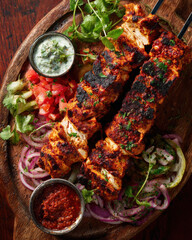 Grilled Chicken Kebabs with Spicy Chutney and Fresh Salad