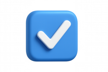 Blue 3d check mark icon symbolizing approval, verification, and task completion, standing out on a transparent background