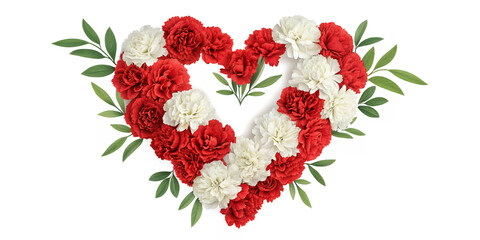 Heartfelt Floral Embrace: A tender, romantic symbol blooms, a heart artfully formed with red and white carnations, adorned with verdant green foliage, conveying love and affection.