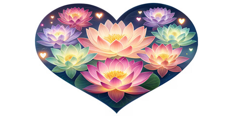 Radiant Blossoms of Affection: A vibrant heart-shaped arrangement filled with blooming lotus flowers. Showcasing a harmonious blend of vivid hues and delicate beauty