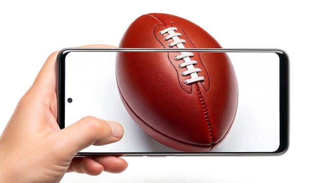 Hand holding smartphone with american football ball on screen isolated on white background
