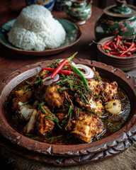 “Traditional Spicy Chicken Curry with Steamed Rice”
