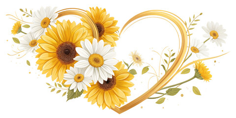 Golden Heart of Flowers: A beautiful and artistic arrangement featuring vibrant sunflowers and delicate daisies, forming the shape of a golden heart, conveying love and beauty.