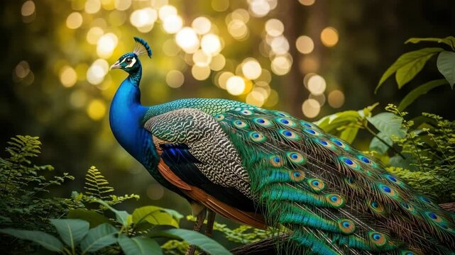 peacock stands amidst lush green foliage its brilliant blue head and iridescent eye-spotted tail feathers gleaming under soft warm bokeh lights in verdant setting
