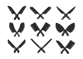 Set of crossed cleavers knife set collection. Crossed knives silhouette icon. Chopping kitchen tools cross black icon. Lumberjack or chef symbol cooking logo. Flat vector illustration.