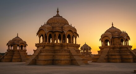 Ancient sandstone structures against a warm sunset sky creating an outdoor scene