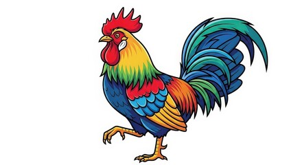 Fototapeta premium A vibrant, multi-colored rooster illustrated in a cartoon style, walking proudly with its magnificent tail feathers fanned out.