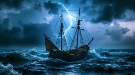 Fototapeta premium A vintage ship sails through a stormy sea, with lightning illuminating the sky, creating a dramatic scene of maritime adventure and the power of nature