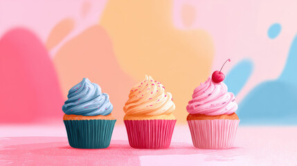 Colorful Cupcakes with Whipped Cream Frosting and Cherry Topping