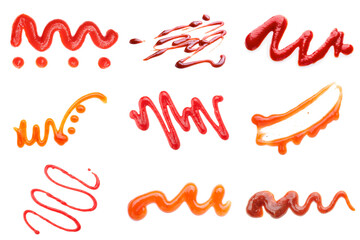 Samples of different tasty sauces on white background
